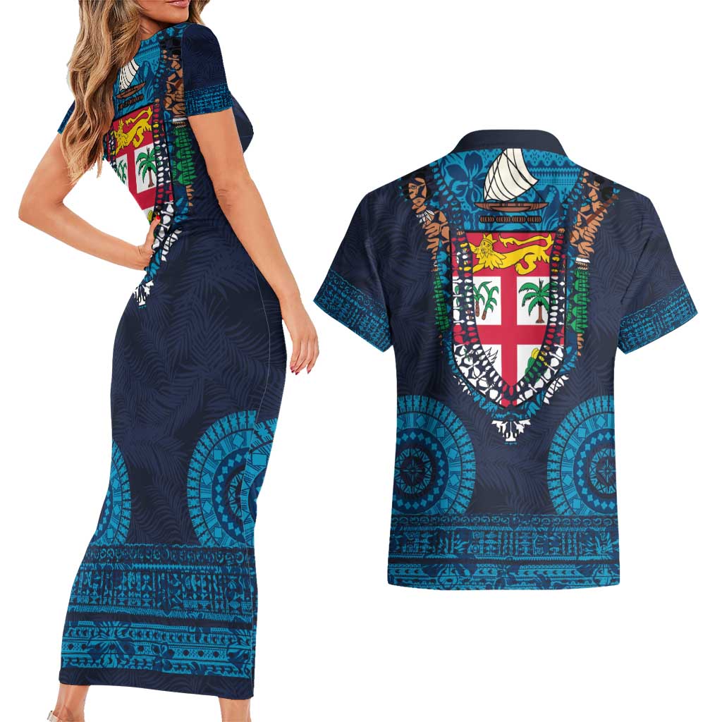 Fiji Coat of Arms Traditional Dashiki Couples Matching Short Sleeve Bodycon Dress and Hawaiian Shirt Tapa Art and Palm Leaves Pattern Dark Navy Color - Polynesian Pride