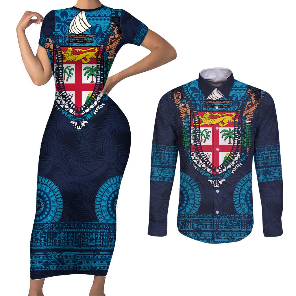 Fiji Coat of Arms Traditional Dashiki Couples Matching Short Sleeve Bodycon Dress and Long Sleeve Button Shirt Tapa Art and Palm Leaves Pattern Dark Navy Color - Polynesian Pride