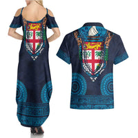 Fiji Coat of Arms Traditional Dashiki Couples Matching Summer Maxi Dress and Hawaiian Shirt Tapa Art and Palm Leaves Pattern Dark Navy Color - Polynesian Pride