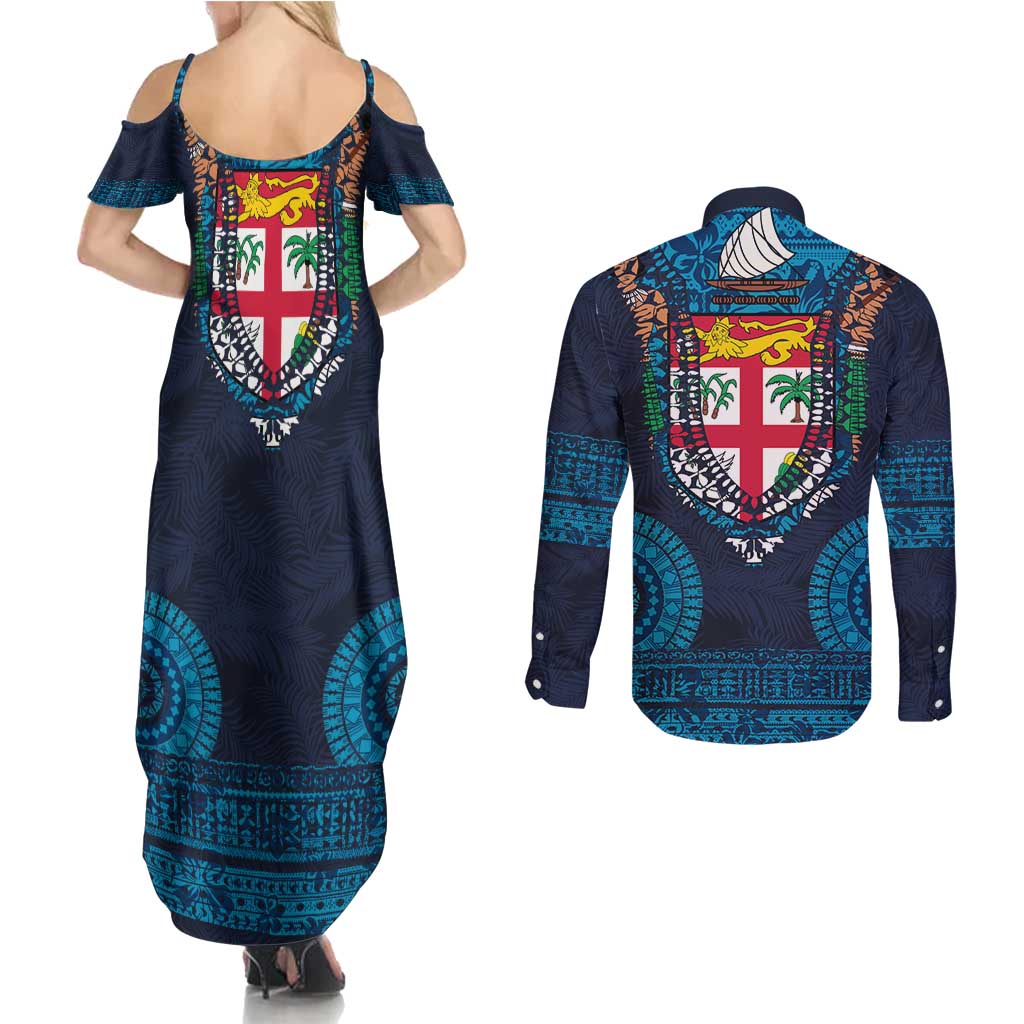Fiji Coat of Arms Traditional Dashiki Couples Matching Summer Maxi Dress and Long Sleeve Button Shirt Tapa Art and Palm Leaves Pattern Dark Navy Color - Polynesian Pride