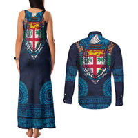 Fiji Coat of Arms Traditional Dashiki Couples Matching Tank Maxi Dress and Long Sleeve Button Shirt Tapa Art and Palm Leaves Pattern Dark Navy Color - Polynesian Pride