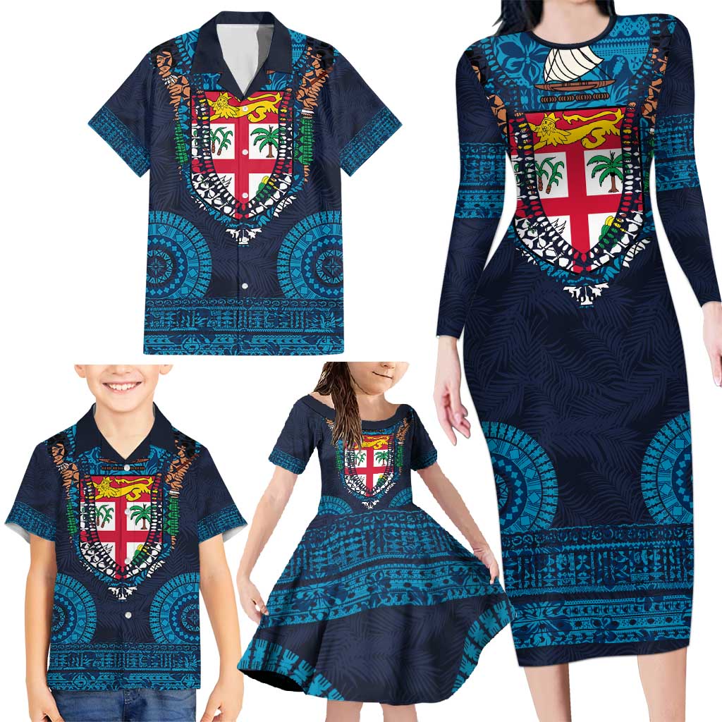 Fiji Coat of Arms Traditional Dashiki Family Matching Long Sleeve Bodycon Dress and Hawaiian Shirt Tapa Art and Palm Leaves Pattern Dark Navy Color - Polynesian Pride