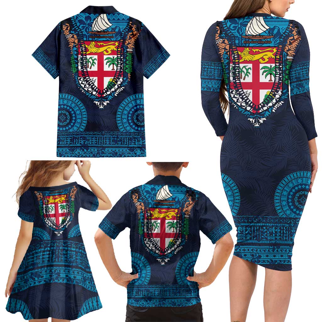 Fiji Coat of Arms Traditional Dashiki Family Matching Long Sleeve Bodycon Dress and Hawaiian Shirt Tapa Art and Palm Leaves Pattern Dark Navy Color - Polynesian Pride
