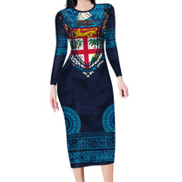 Fiji Coat of Arms Traditional Dashiki Family Matching Long Sleeve Bodycon Dress and Hawaiian Shirt Tapa Art and Palm Leaves Pattern Dark Navy Color - Polynesian Pride