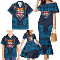 Fiji Coat of Arms Traditional Dashiki Family Matching Mermaid Dress and Hawaiian Shirt Tapa Art and Palm Leaves Pattern Dark Navy Color - Polynesian Pride