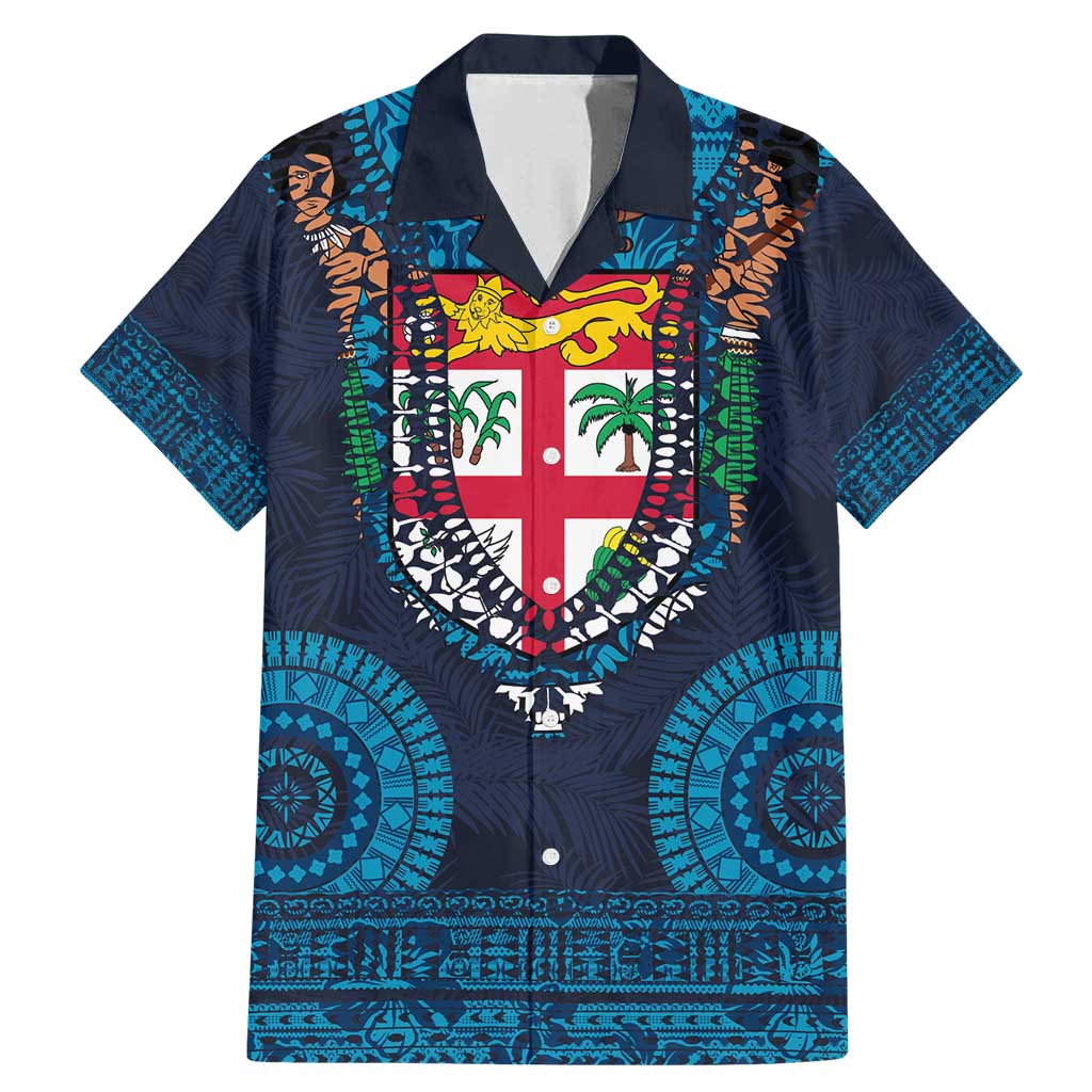 Fiji Coat of Arms Traditional Dashiki Family Matching Mermaid Dress and Hawaiian Shirt Tapa Art and Palm Leaves Pattern Dark Navy Color - Polynesian Pride