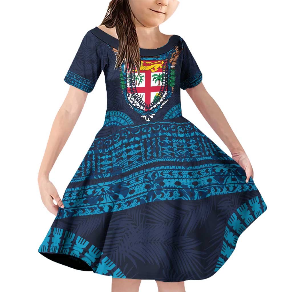 Fiji Coat of Arms Traditional Dashiki Family Matching Off Shoulder Short Dress and Hawaiian Shirt Tapa Art and Palm Leaves Pattern Dark Navy Color - Polynesian Pride