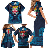 Fiji Coat of Arms Traditional Dashiki Family Matching Short Sleeve Bodycon Dress and Hawaiian Shirt Tapa Art and Palm Leaves Pattern Dark Navy Color - Polynesian Pride