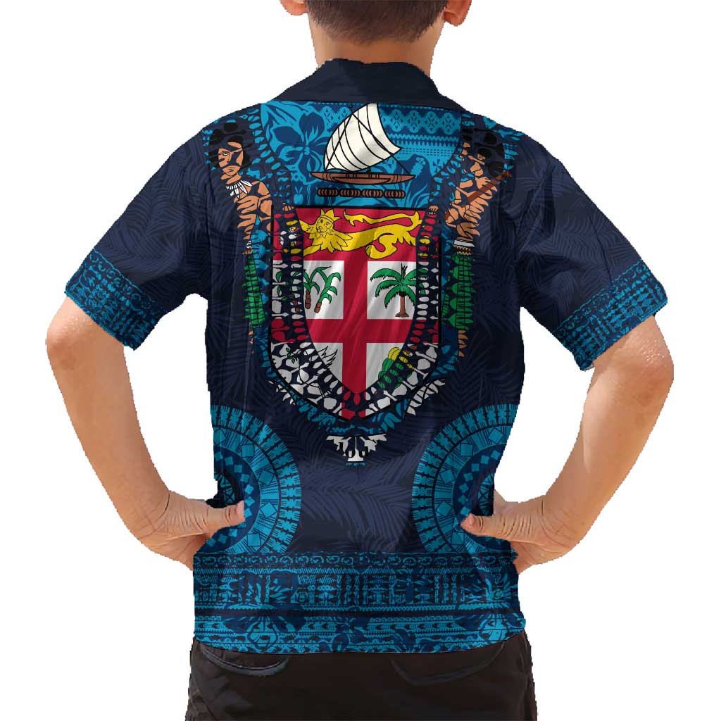 Fiji Coat of Arms Traditional Dashiki Family Matching Summer Maxi Dress and Hawaiian Shirt Tapa Art and Palm Leaves Pattern Dark Navy Color - Polynesian Pride