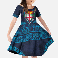 Fiji Coat of Arms Traditional Dashiki Family Matching Summer Maxi Dress and Hawaiian Shirt Tapa Art and Palm Leaves Pattern Dark Navy Color - Polynesian Pride