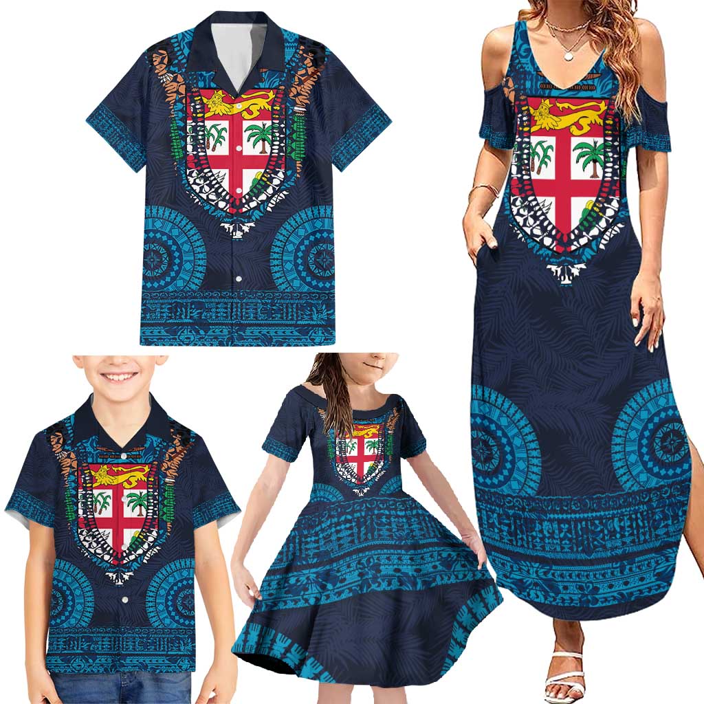 Fiji Coat of Arms Traditional Dashiki Family Matching Summer Maxi Dress and Hawaiian Shirt Tapa Art and Palm Leaves Pattern Dark Navy Color - Polynesian Pride