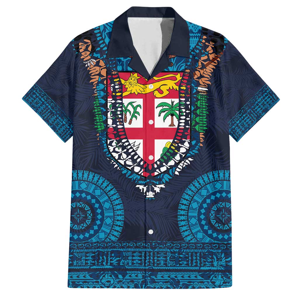 Fiji Coat of Arms Traditional Dashiki Family Matching Summer Maxi Dress and Hawaiian Shirt Tapa Art and Palm Leaves Pattern Dark Navy Color - Polynesian Pride