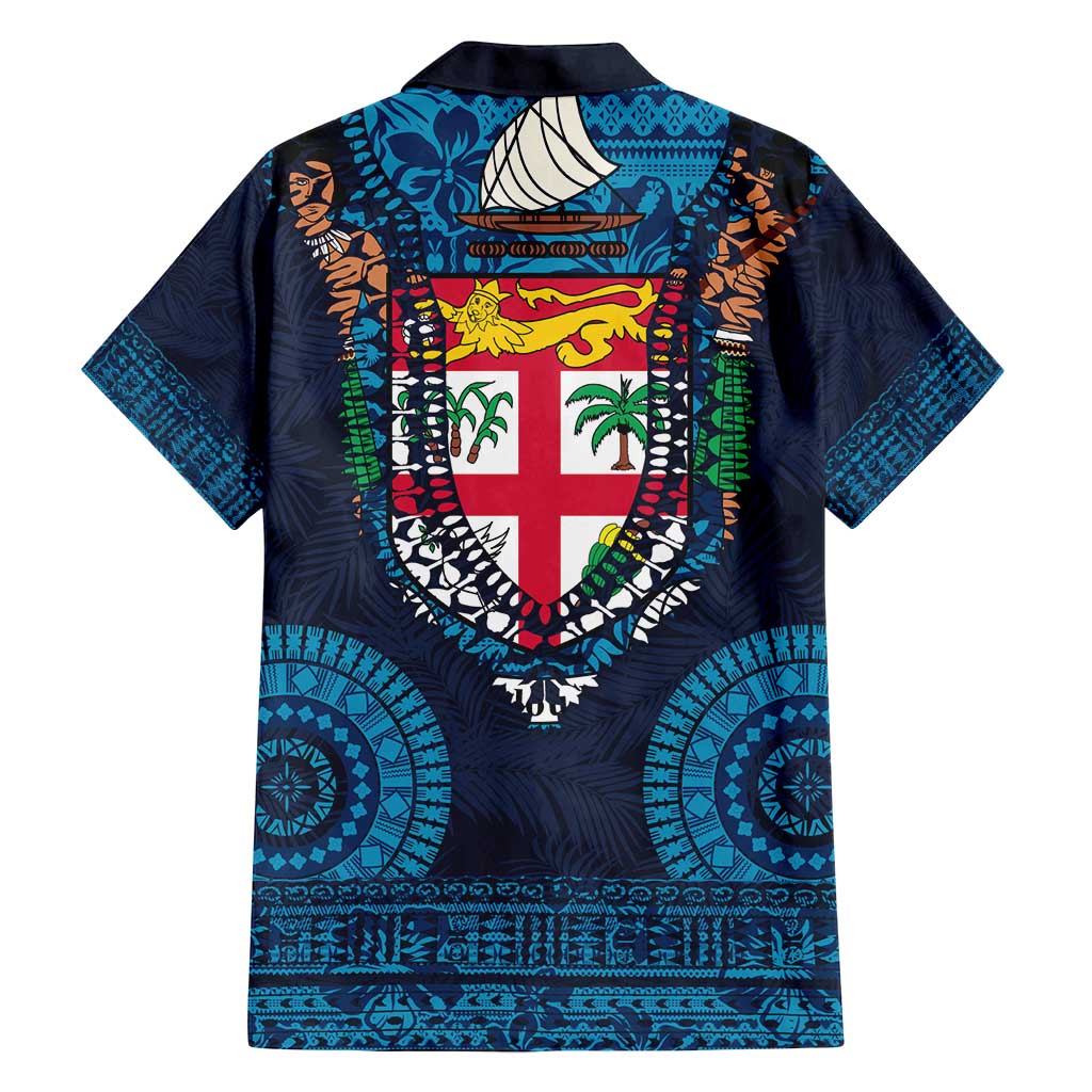 Fiji Coat of Arms Traditional Dashiki Family Matching Summer Maxi Dress and Hawaiian Shirt Tapa Art and Palm Leaves Pattern Dark Navy Color - Polynesian Pride