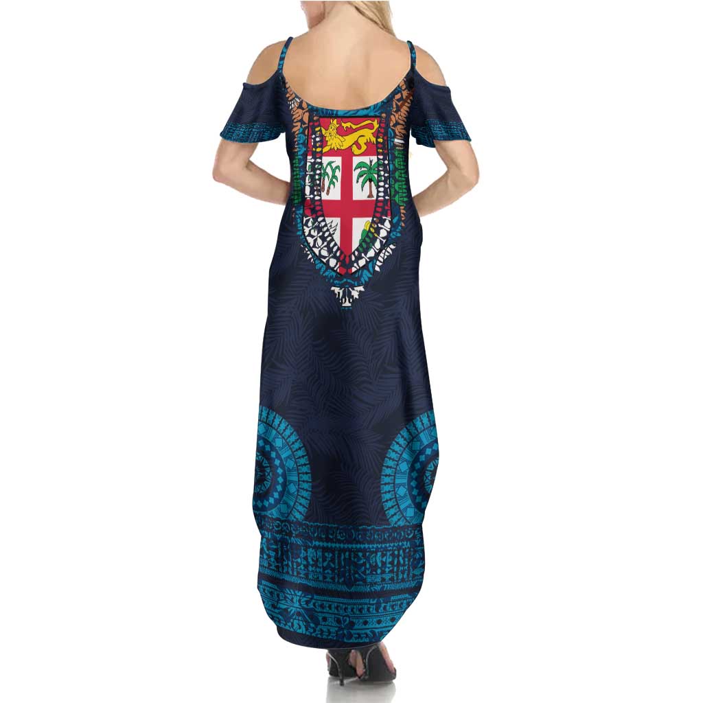 Fiji Coat of Arms Traditional Dashiki Family Matching Summer Maxi Dress and Hawaiian Shirt Tapa Art and Palm Leaves Pattern Dark Navy Color - Polynesian Pride