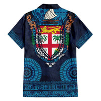 Fiji Coat of Arms Traditional Dashiki Family Matching Tank Maxi Dress and Hawaiian Shirt Tapa Art and Palm Leaves Pattern Dark Navy Color - Polynesian Pride