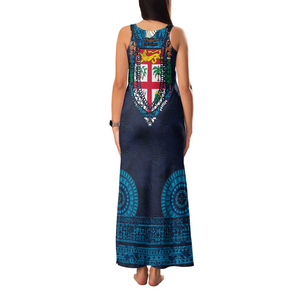 Fiji Coat of Arms Traditional Dashiki Family Matching Tank Maxi Dress and Hawaiian Shirt Tapa Art and Palm Leaves Pattern Dark Navy Color - Polynesian Pride