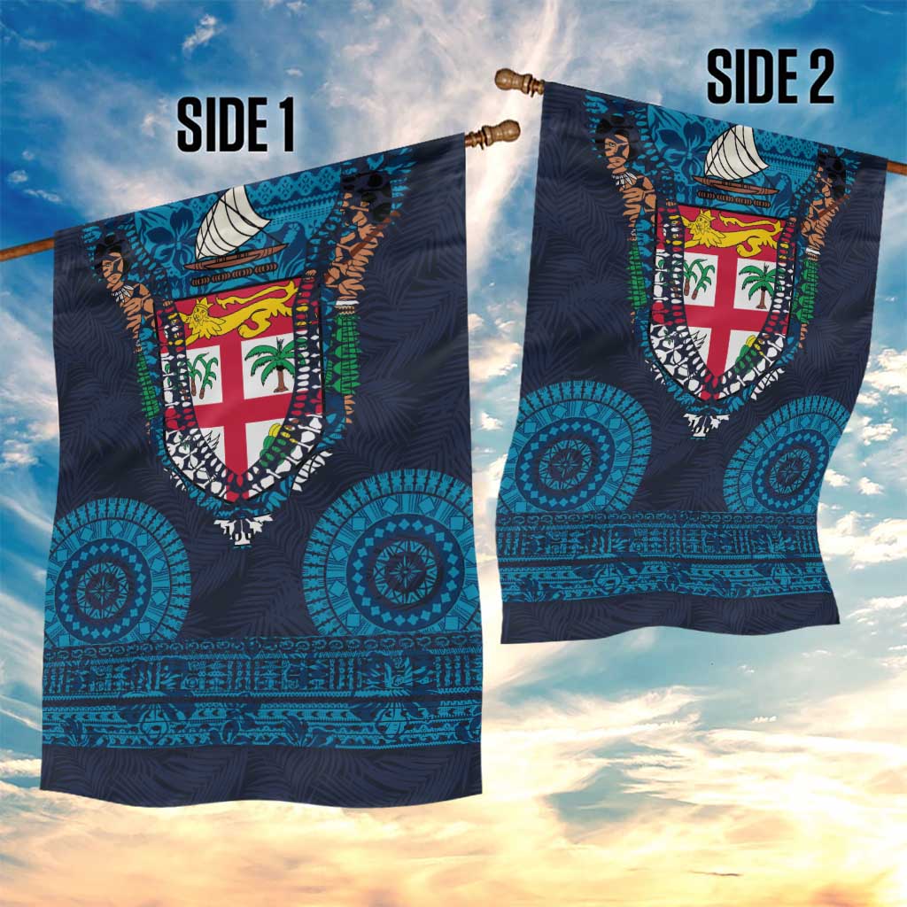 Fiji Coat of Arms Traditional Dashiki Garden Flag Tapa Art and Palm Leaves Pattern Dark Navy Color - Polynesian Pride
