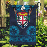 Fiji Coat of Arms Traditional Dashiki Garden Flag Tapa Art and Palm Leaves Pattern Dark Navy Color - Polynesian Pride