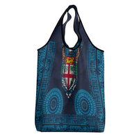Fiji Coat of Arms Traditional Dashiki Grocery Bag Tapa Art and Palm Leaves Pattern Dark Navy Color - Polynesian Pride
