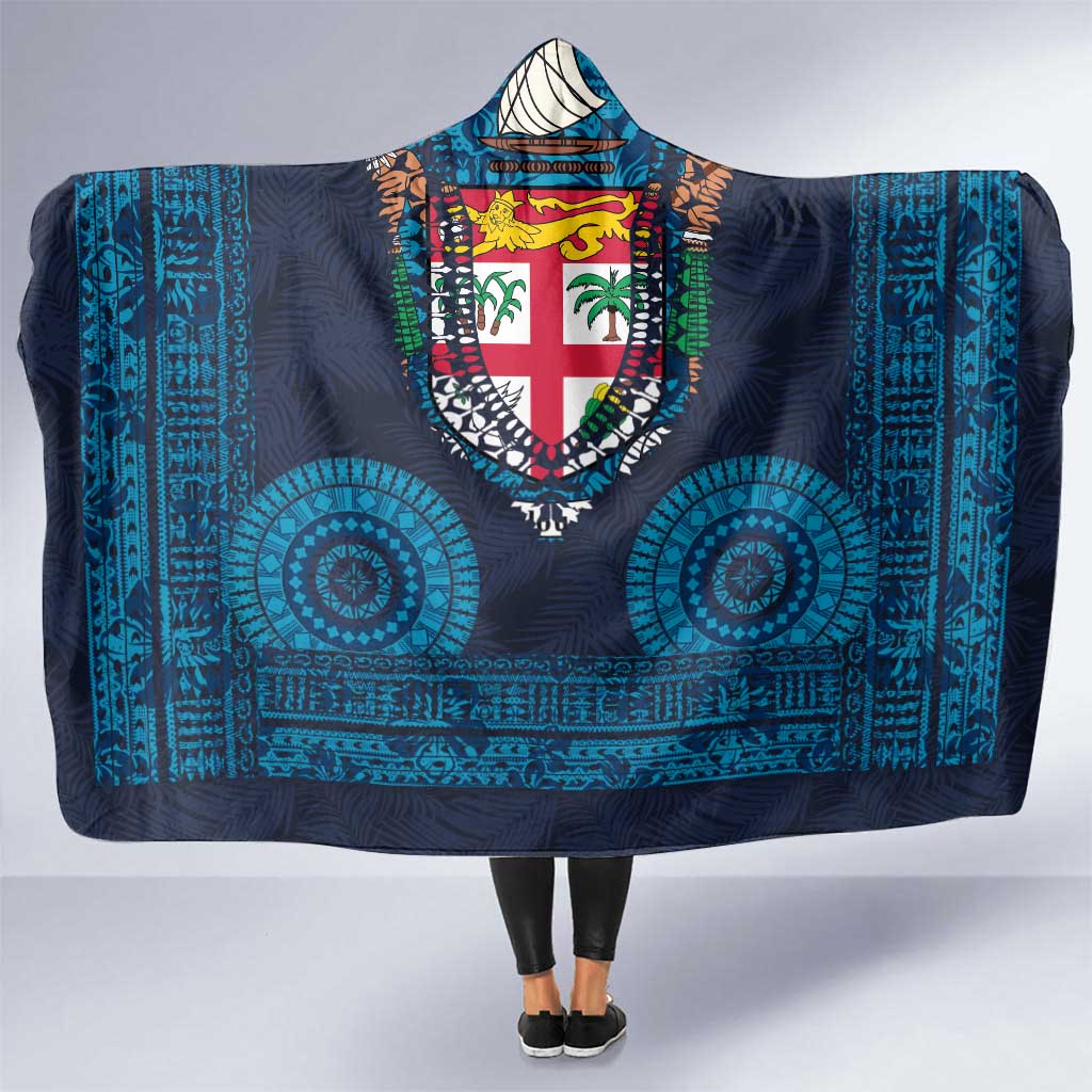 Fiji Coat of Arms Traditional Dashiki Hooded Blanket Tapa Art and Palm Leaves Pattern Dark Navy Color - Polynesian Pride