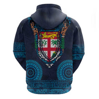 Fiji Coat of Arms Traditional Dashiki Hoodie Tapa Art and Palm Leaves Pattern Dark Navy Color - Polynesian Pride