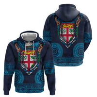 Fiji Coat of Arms Traditional Dashiki Hoodie Tapa Art and Palm Leaves Pattern Dark Navy Color - Polynesian Pride