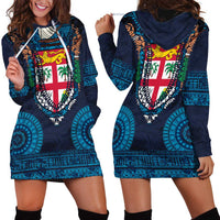 Fiji Coat of Arms Traditional Dashiki Hoodie Dress Tapa Art and Palm Leaves Pattern Dark Navy Color - Polynesian Pride