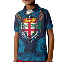 Fiji Coat of Arms Traditional Dashiki Kid Polo Shirt Tapa Art and Palm Leaves Pattern Dark Navy Color - Polynesian Pride