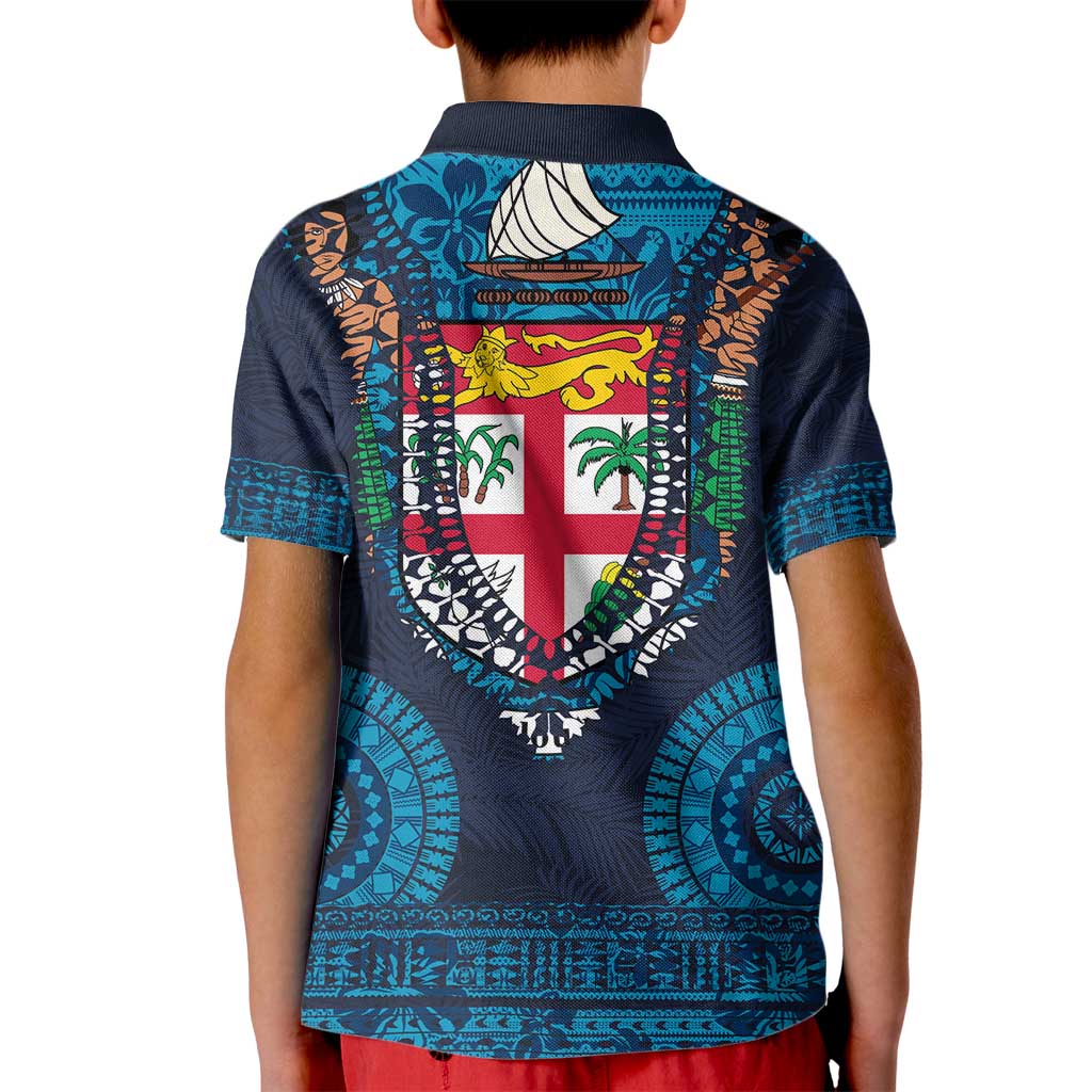 Fiji Coat of Arms Traditional Dashiki Kid Polo Shirt Tapa Art and Palm Leaves Pattern Dark Navy Color - Polynesian Pride