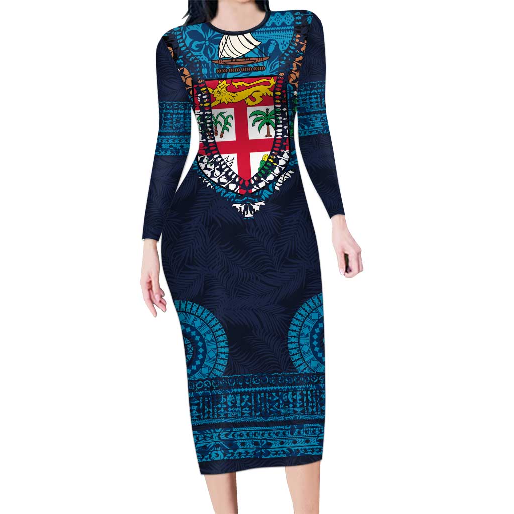 Fiji Coat of Arms Traditional Dashiki Long Sleeve Bodycon Dress Tapa Art and Palm Leaves Pattern Dark Navy Color LT03 Long Dress Navy - Polynesian Pride