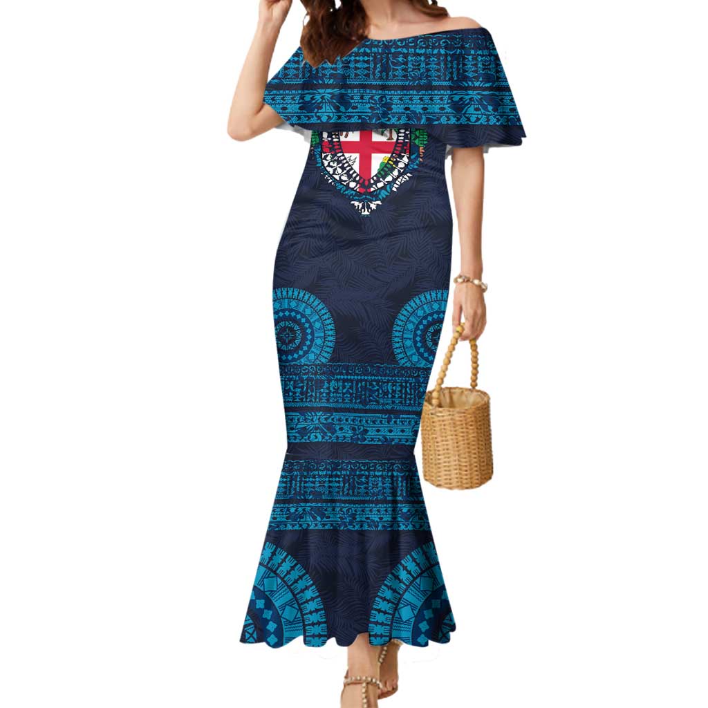 Fiji Coat of Arms Traditional Dashiki Mermaid Dress Tapa Art and Palm Leaves Pattern Dark Navy Color LT03 Women Navy - Polynesian Pride