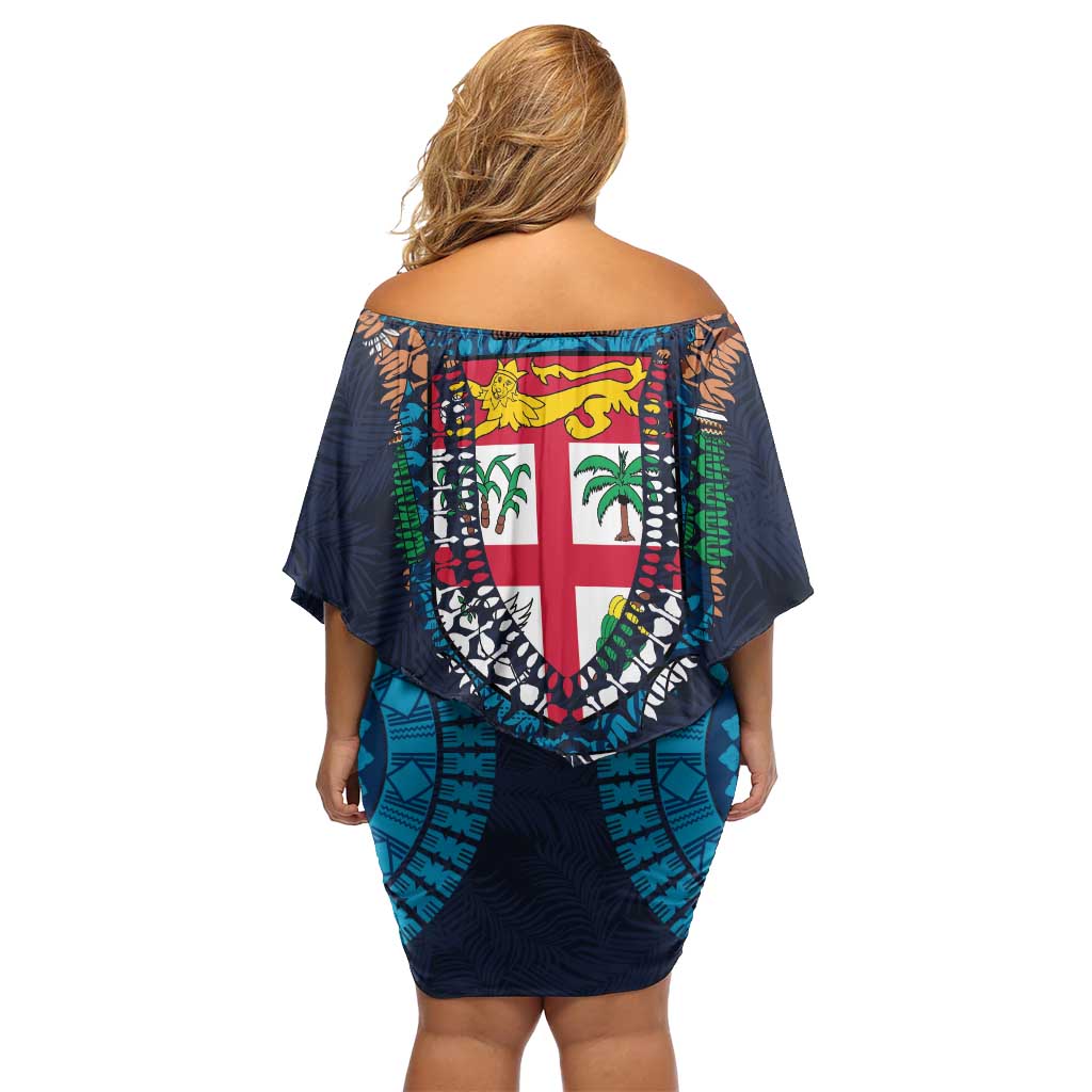Fiji Coat of Arms Traditional Dashiki Off Shoulder Short Dress Tapa Art and Palm Leaves Pattern Dark Navy Color - Polynesian Pride