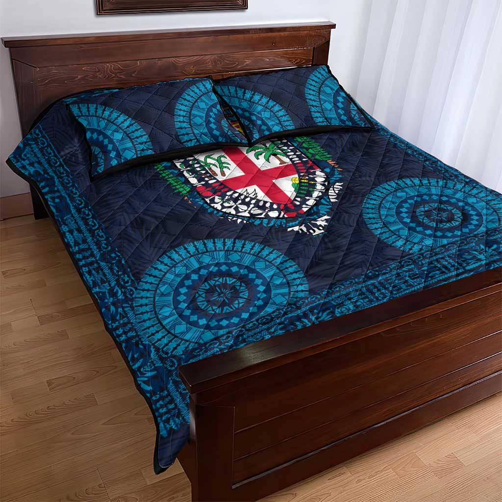 Fiji Coat of Arms Traditional Dashiki Quilt Bed Set Tapa Art and Palm Leaves Pattern Dark Navy Color - Polynesian Pride