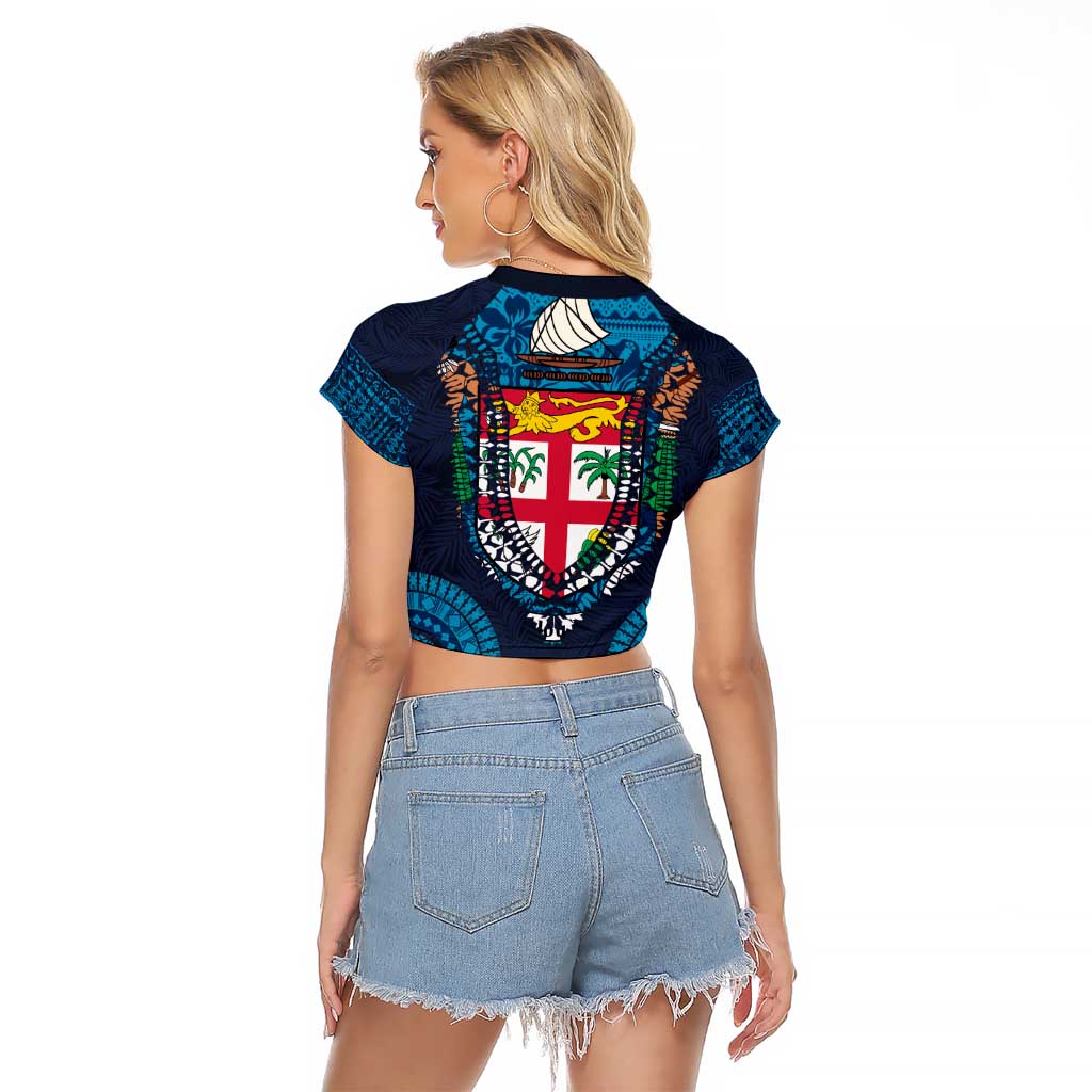 Fiji Coat of Arms Traditional Dashiki Raglan Cropped T Shirt Tapa Art and Palm Leaves Pattern Dark Navy Color - Polynesian Pride