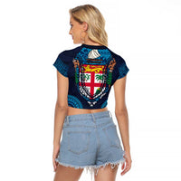 Fiji Coat of Arms Traditional Dashiki Raglan Cropped T Shirt Tapa Art and Palm Leaves Pattern Dark Navy Color - Polynesian Pride