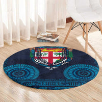 Fiji Coat of Arms Traditional Dashiki Round Carpet Tapa Art and Palm Leaves Pattern Dark Navy Color - Polynesian Pride