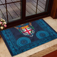 Fiji Coat of Arms Traditional Dashiki Rubber Doormat Tapa Art and Palm Leaves Pattern Dark Navy Color - Polynesian Pride