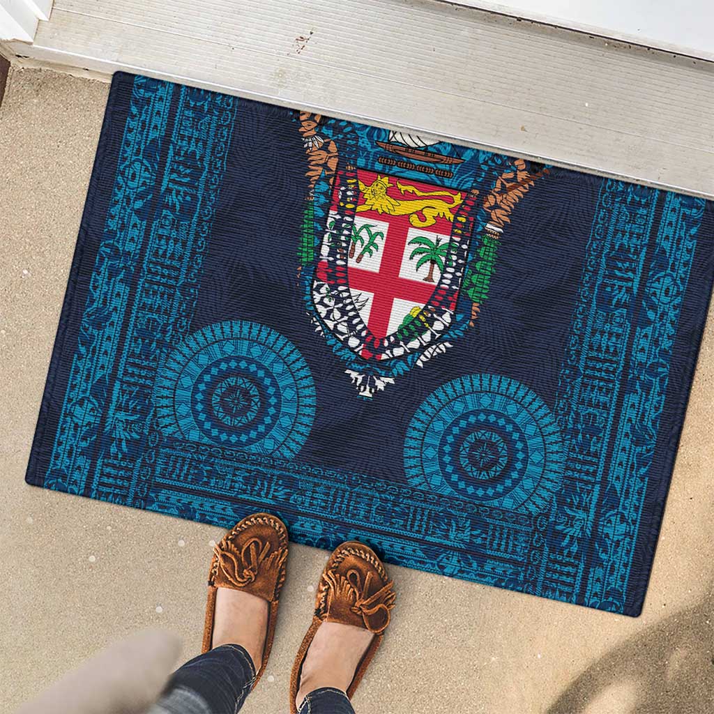 Fiji Coat of Arms Traditional Dashiki Rubber Doormat Tapa Art and Palm Leaves Pattern Dark Navy Color - Polynesian Pride