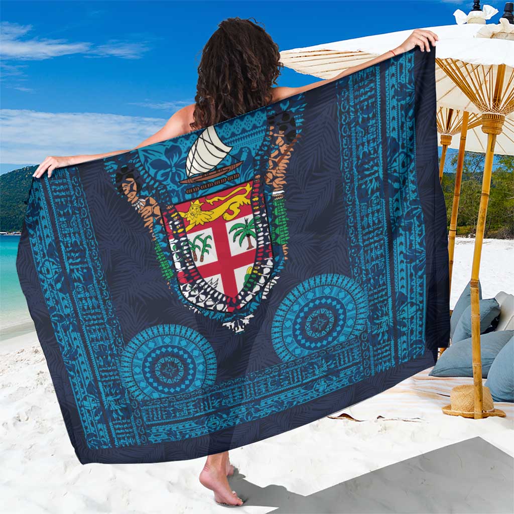 Fiji Coat of Arms Traditional Dashiki Sarong Tapa Art and Palm Leaves Pattern Dark Navy Color - Polynesian Pride