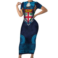 Fiji Coat of Arms Traditional Dashiki Short Sleeve Bodycon Dress Tapa Art and Palm Leaves Pattern Dark Navy Color LT03 Long Dress Navy - Polynesian Pride