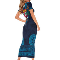 Fiji Coat of Arms Traditional Dashiki Short Sleeve Bodycon Dress Tapa Art and Palm Leaves Pattern Dark Navy Color LT03 - Polynesian Pride