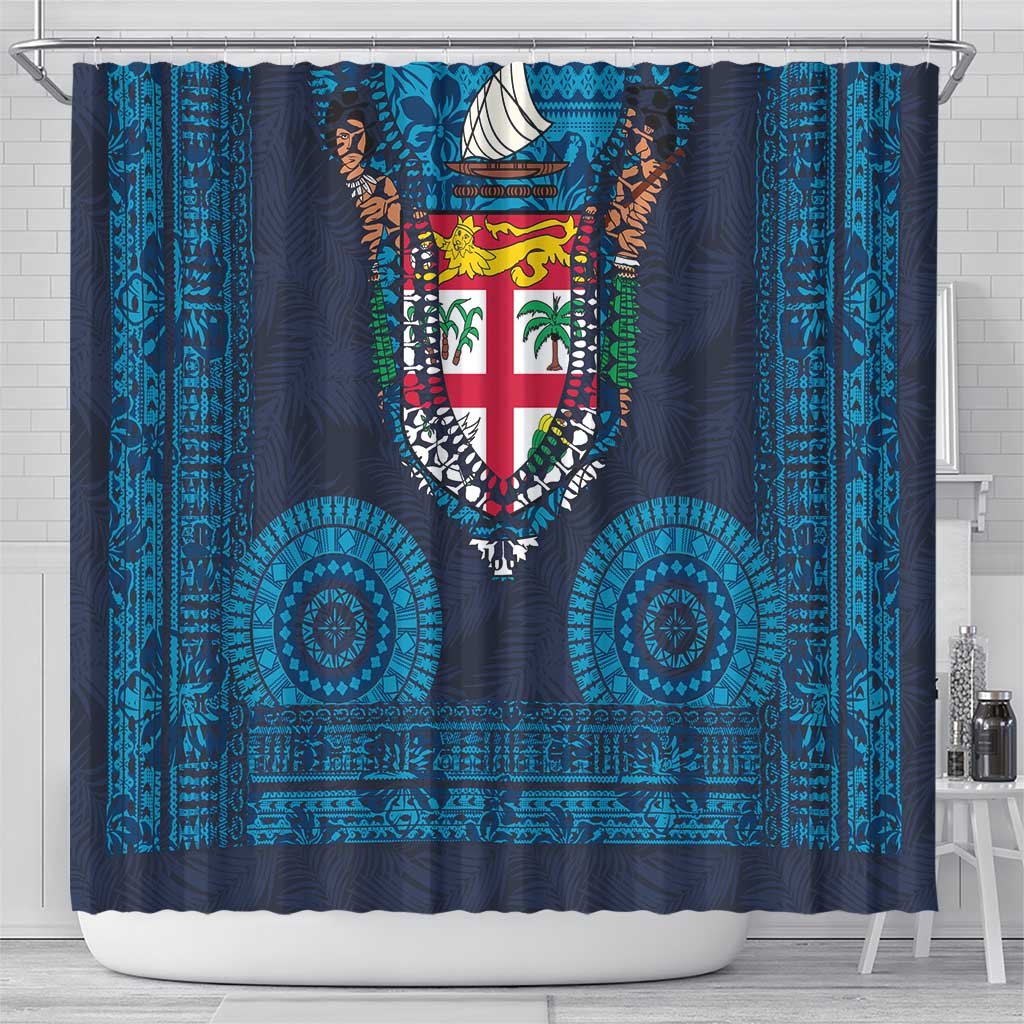 Fiji Coat of Arms Traditional Dashiki Shower Curtain Tapa Art and Palm Leaves Pattern Dark Navy Color - Polynesian Pride