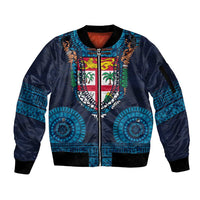 Fiji Coat of Arms Traditional Dashiki Sleeve Zip Bomber Jacket Tapa Art and Palm Leaves Pattern Dark Navy Color - Polynesian Pride