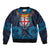 Fiji Coat of Arms Traditional Dashiki Sleeve Zip Bomber Jacket Tapa Art and Palm Leaves Pattern Dark Navy Color - Polynesian Pride
