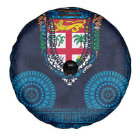 Fiji Coat of Arms Traditional Dashiki Spare Tire Cover Tapa Art and Palm Leaves Pattern Dark Navy Color - Polynesian Pride