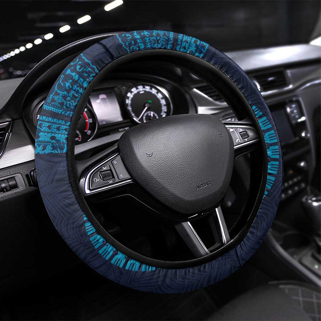 Fiji Coat of Arms Traditional Dashiki Steering Wheel Cover Tapa Art and Palm Leaves Pattern Dark Navy Color - Polynesian Pride