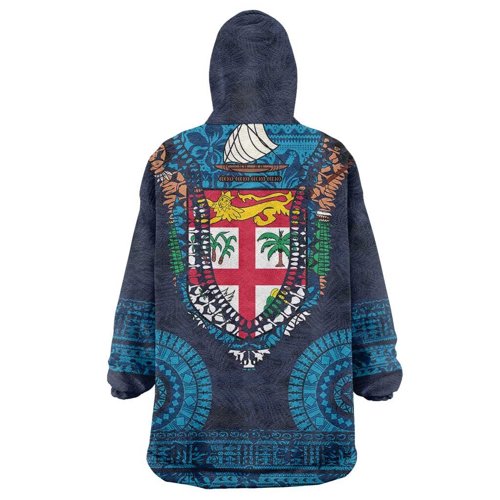 Fiji Coat of Arms Traditional Dashiki Wearable Blanket Hoodie Tapa Art and Palm Leaves Pattern Dark Navy Color - Polynesian Pride