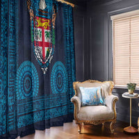 Fiji Coat of Arms Traditional Dashiki Window Curtain Tapa Art and Palm Leaves Pattern Dark Navy Color - Polynesian Pride