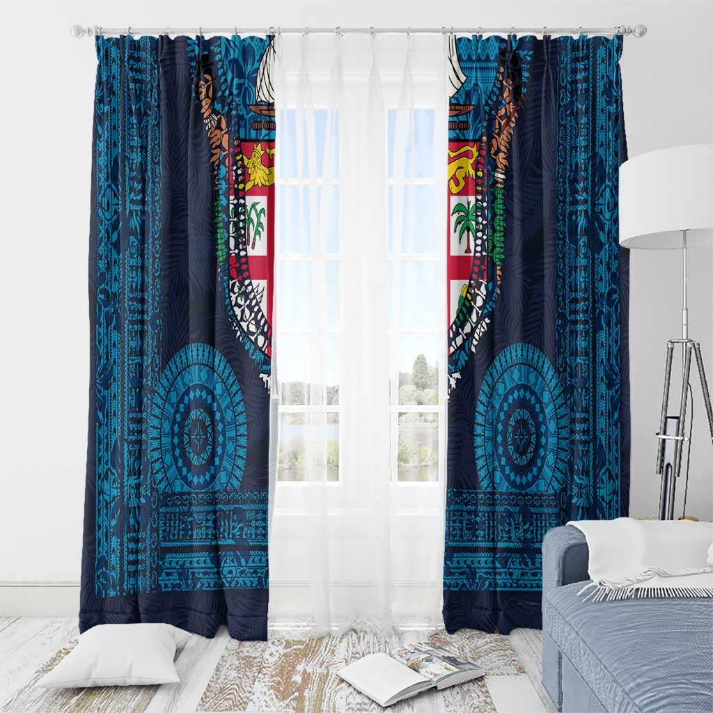 Fiji Coat of Arms Traditional Dashiki Window Curtain Tapa Art and Palm Leaves Pattern Dark Navy Color - Polynesian Pride