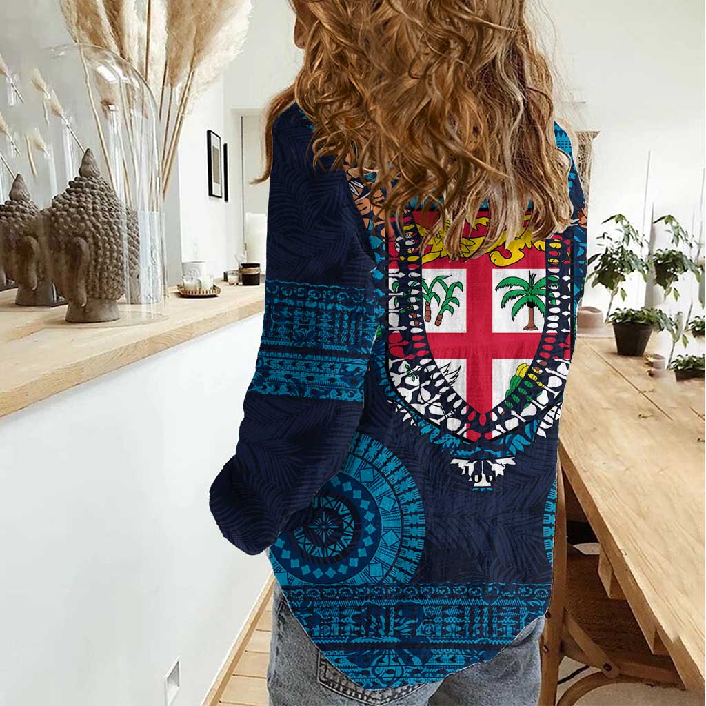 Fiji Coat of Arms Traditional Dashiki Women Casual Shirt Tapa Art and Palm Leaves Pattern Dark Navy Color LT03 - Polynesian Pride